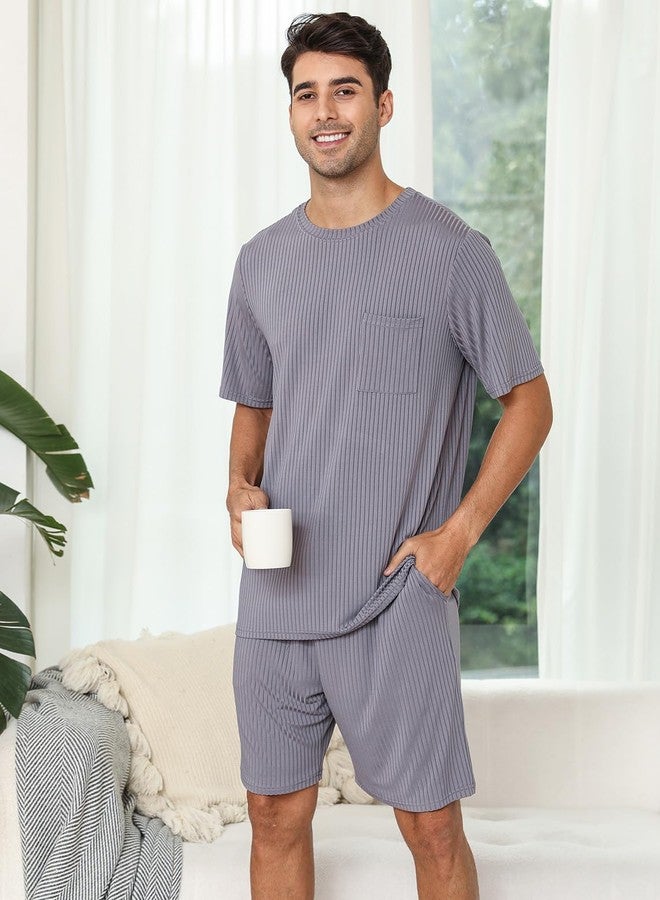 EISHOPEER Ribbed Knit 2 Piece Lounge Sets Short Matching Outfits Loungewear Pajamas Sleepwear Sweatsuit Tracksuit Grey Medium - Image 2